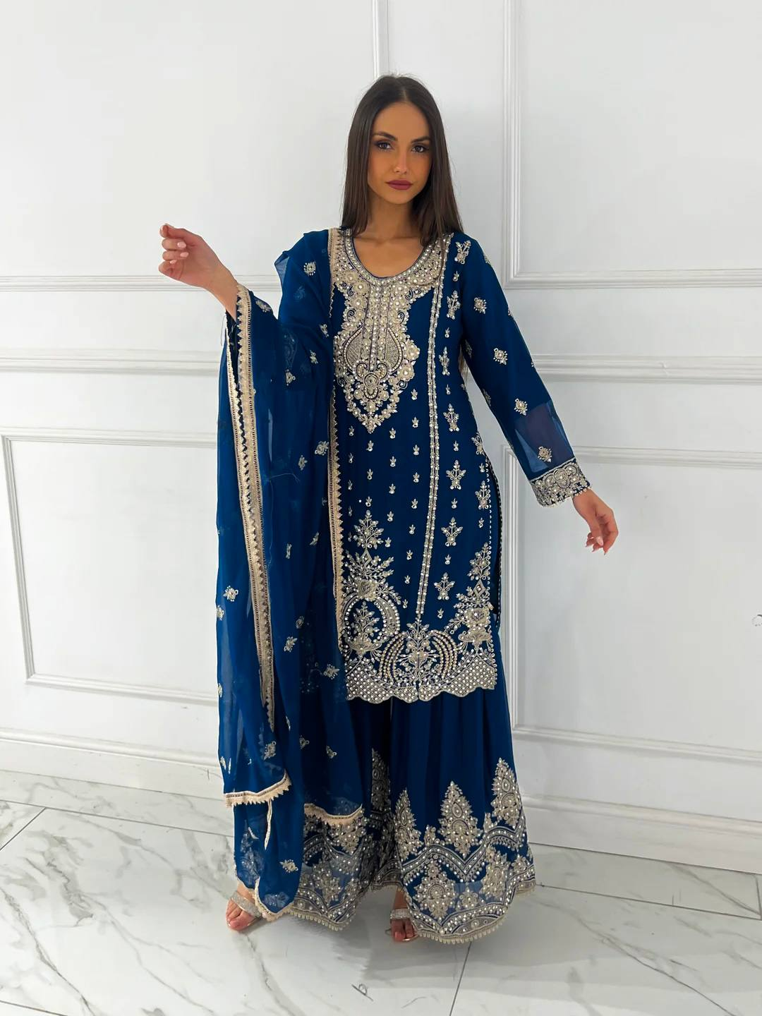 Blue Heavy Embroidered Chinnon Silk Salwar Suit Set with Dupatta RTI