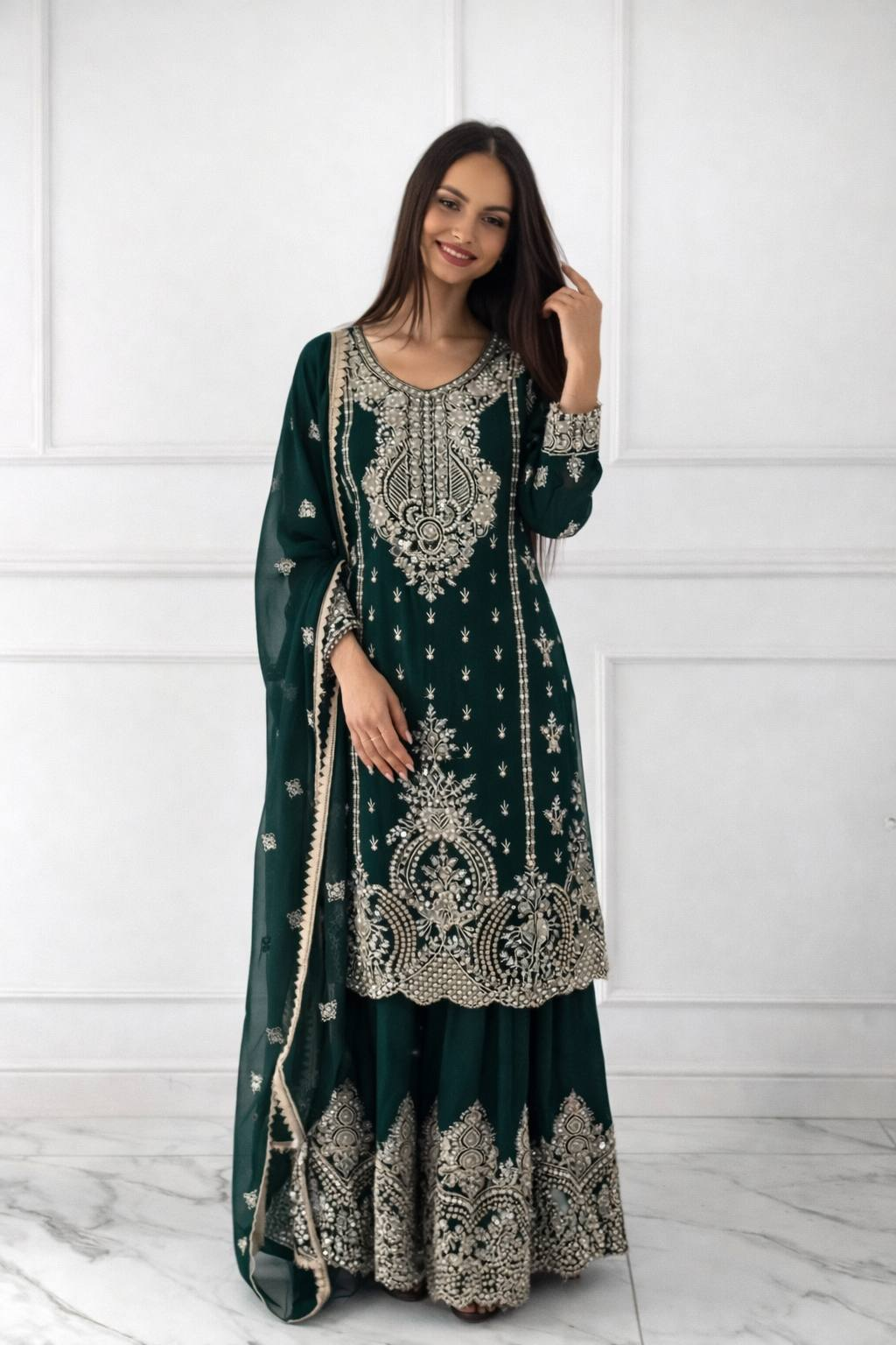 Green Heavy Embroidered Chinnon Silk Salwar Suit Set with Dupatta (Copy) RTI