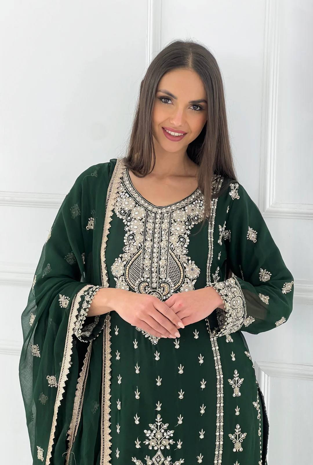 Green Heavy Embroidered Chinnon Silk Salwar Suit Set with Dupatta (Copy) RTI