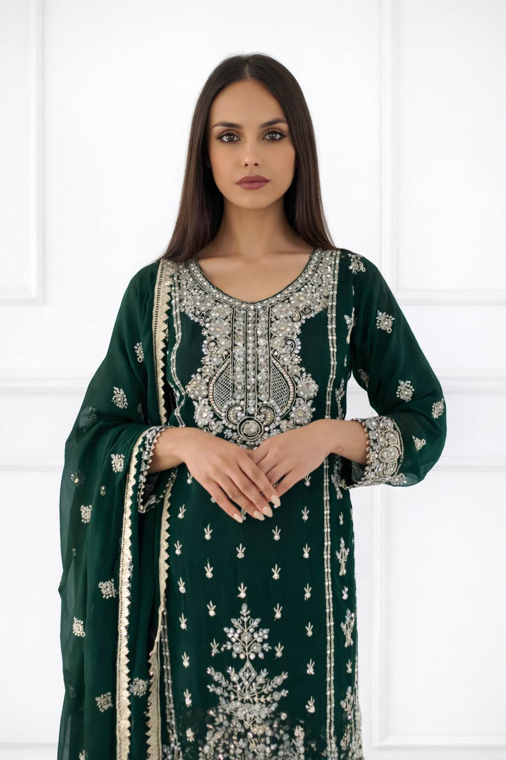 Green Heavy Embroidered Chinnon Silk Salwar Suit Set with Dupatta (Copy) RTI