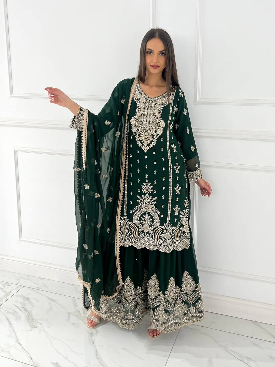 Green Heavy Embroidered Chinnon Silk Salwar Suit Set with Dupatta (Copy) RTI