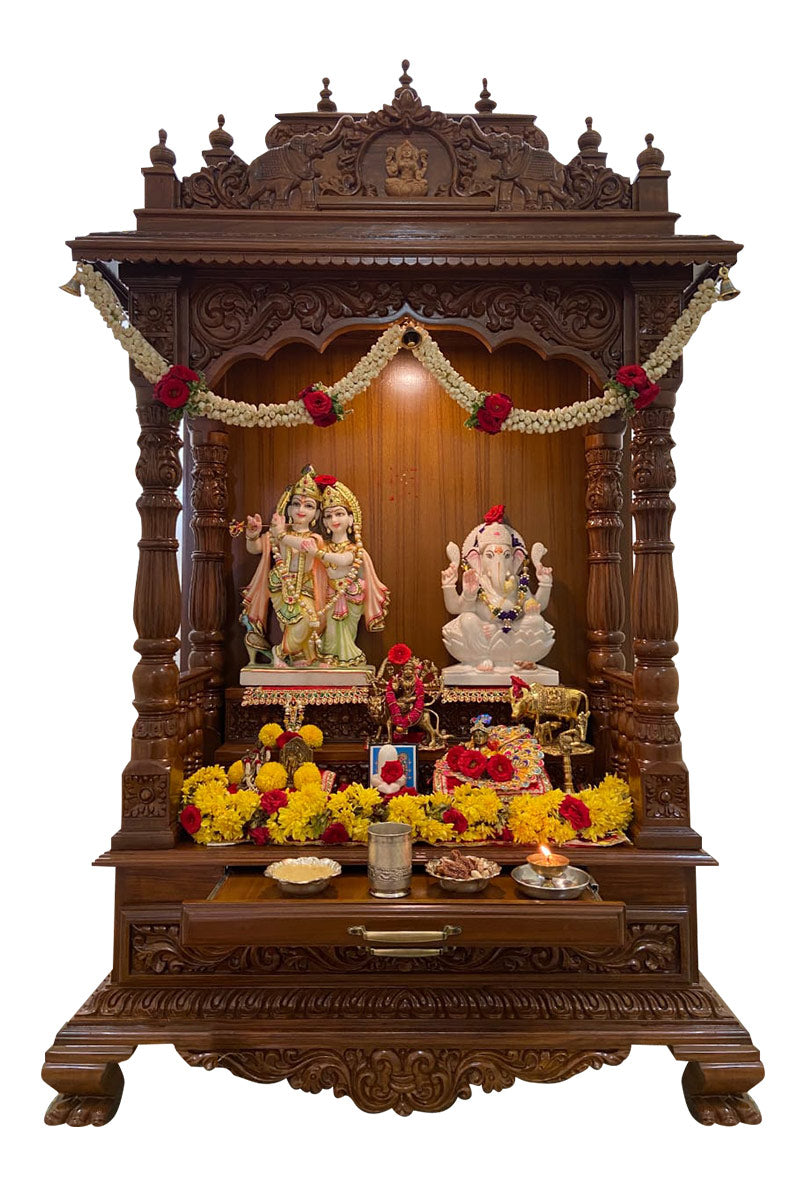 Handcrafted Wooden Pooja Mandir with Drawer & Carved Roof INDIGO ETHNICS