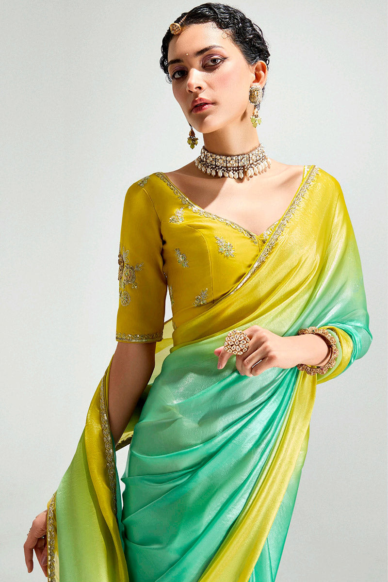 Green Trendy Organza Saree with Sequins Embroidered Lemon Yellow Blouse LF