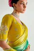 Green Trendy Organza Saree with Sequins Embroidered Lemon Yellow Blouse LF