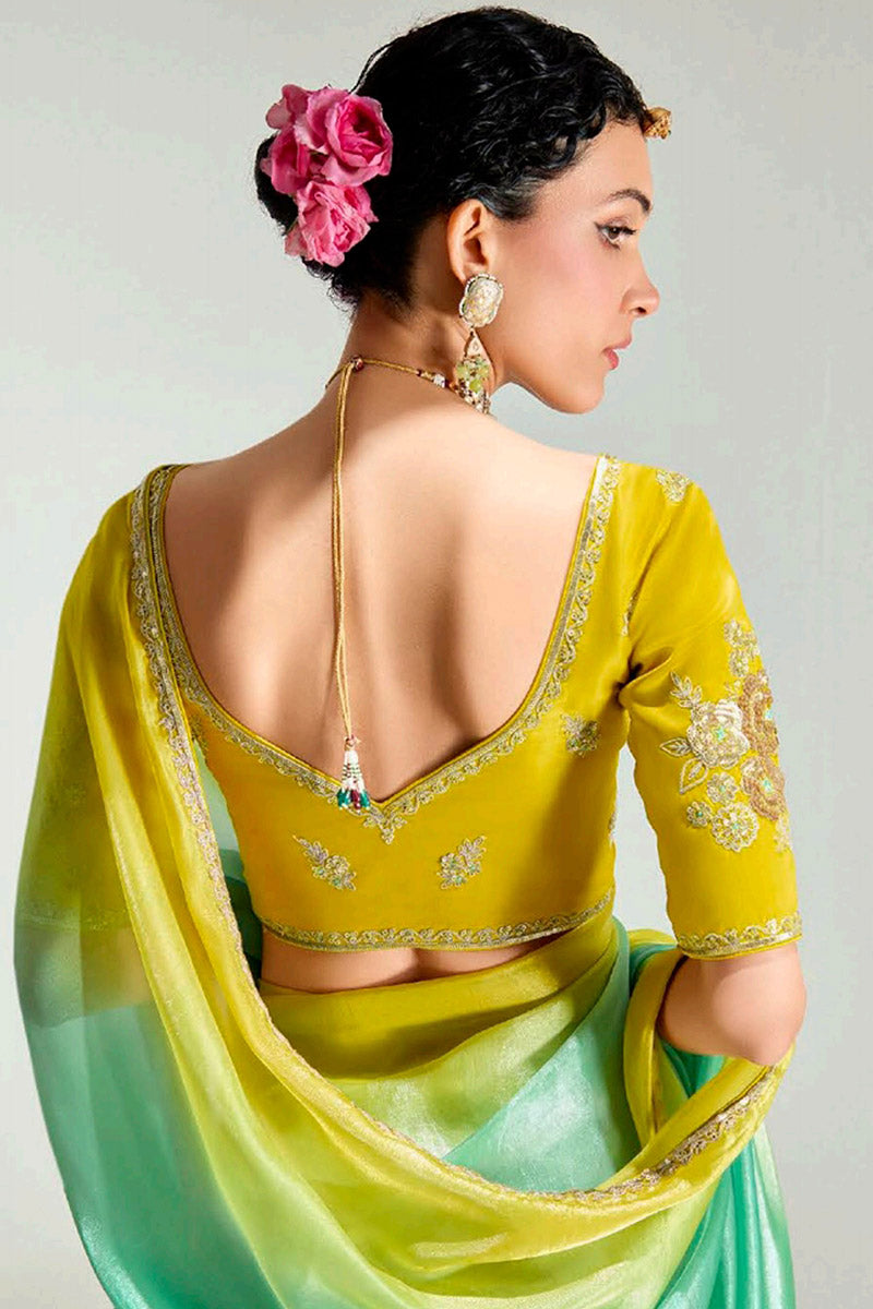 Green Trendy Organza Saree with Sequins Embroidered Lemon Yellow Blouse LF