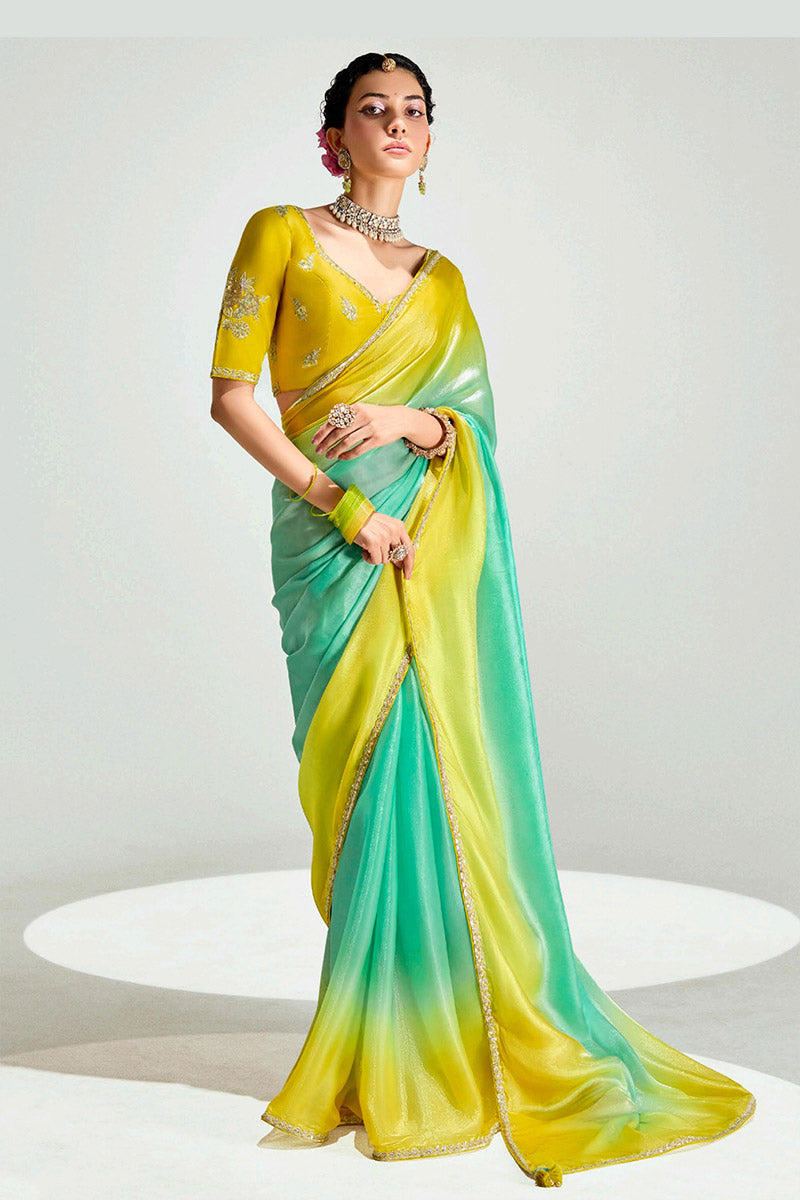 Green Trendy Organza Saree with Sequins Embroidered Lemon Yellow Blouse LF