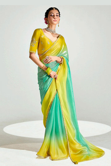 Green Trendy Organza Saree with Sequins Embroidered Lemon Yellow Blouse LF