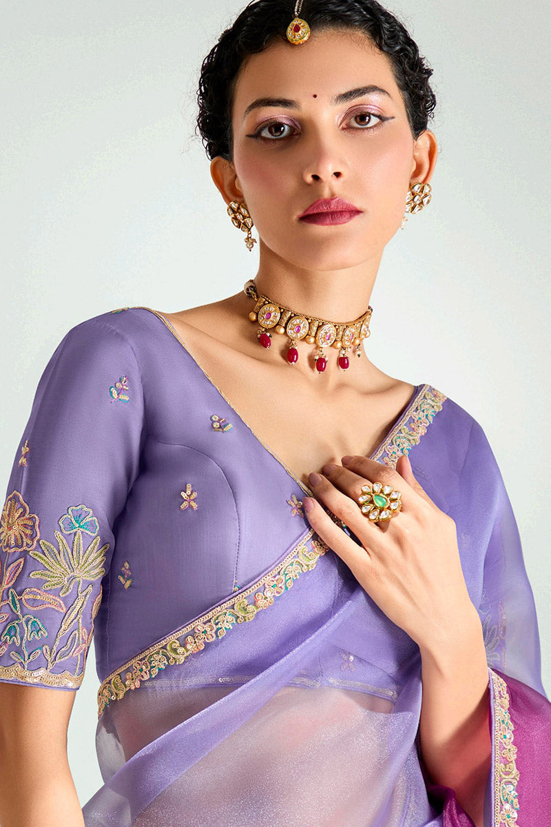 Lavender Trendy Organza Saree with Sequins Embroidered Wine Blouse LF