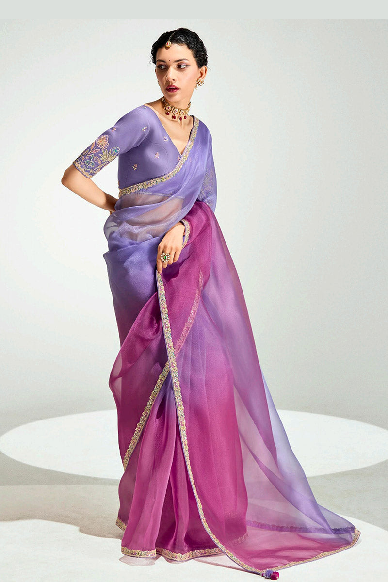 Lavender Trendy Organza Saree with Sequins Embroidered Wine Blouse LF