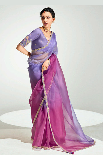 Lavender Trendy Organza Saree with Sequins Embroidered Wine Blouse LF