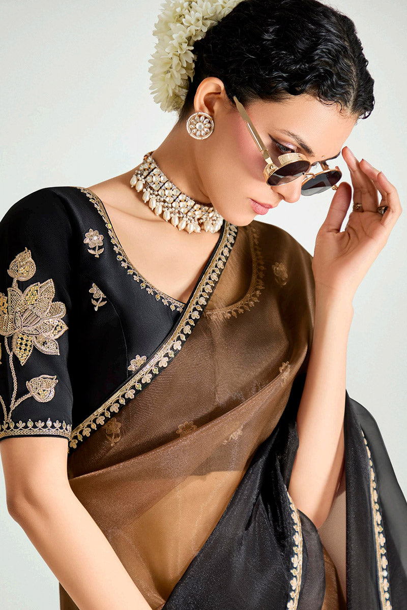 Brown Trendy Organza Saree with Sequins Embroidered Black Blouse LF