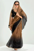 Brown Trendy Organza Saree with Sequins Embroidered Black Blouse LF