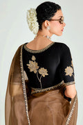 Brown Trendy Organza Saree with Sequins Embroidered Black Blouse LF