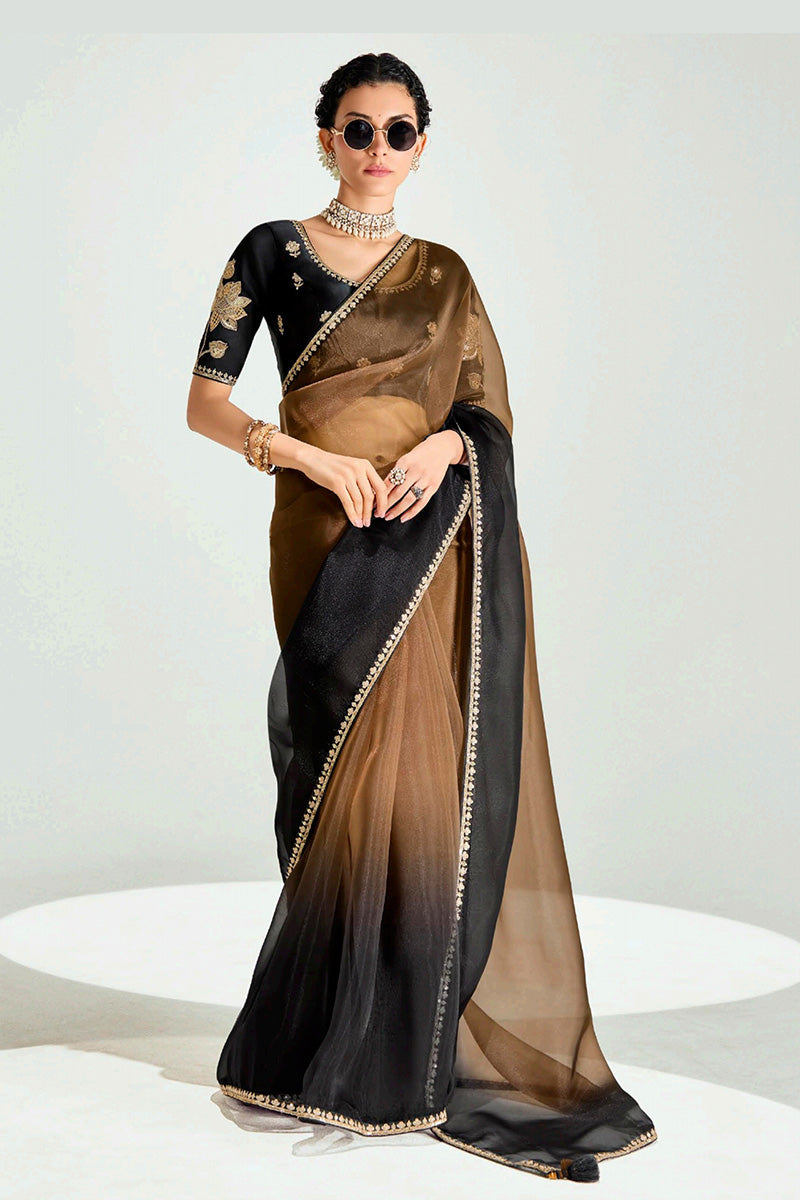 Brown Trendy Organza Saree with Sequins Embroidered Black Blouse LF