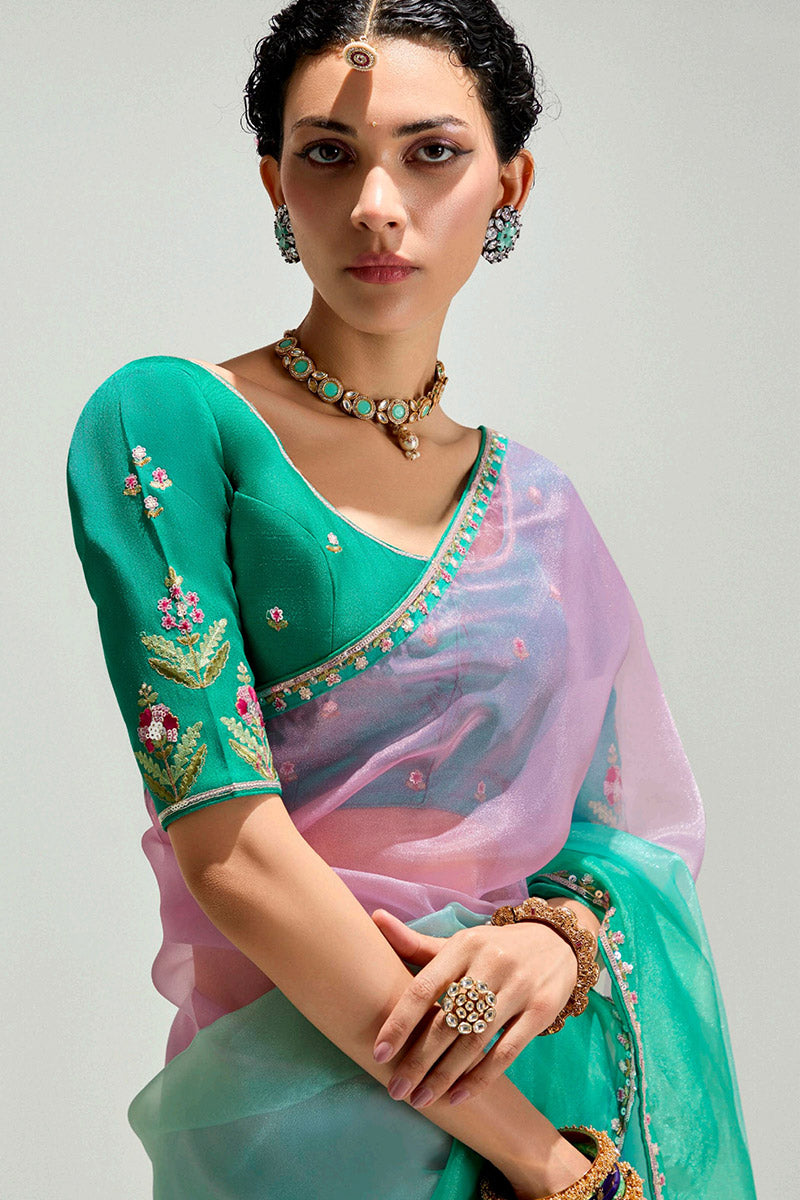 Pink Trendy Organza Saree with Sequins Embroidered Rama Geen Blouse LF