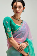 Pink Trendy Organza Saree with Sequins Embroidered Rama Geen Blouse LF