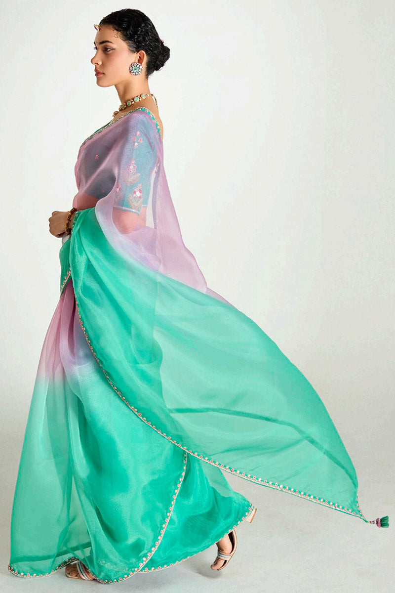 Pink Trendy Organza Saree with Sequins Embroidered Rama Geen Blouse LF