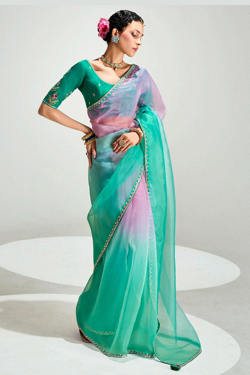 Pink Trendy Organza Saree with Sequins Embroidered Rama Geen Blouse LF