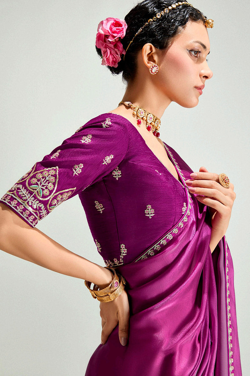 Magenta Organza Saree with Sequins Embroidered Pink Blouse LF