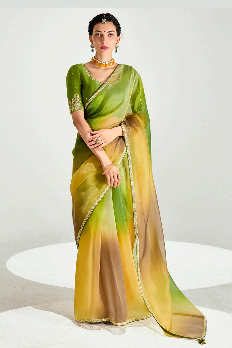 Multicolor Organza Saree with Sequins Embroidered Lime Yellow Blouse LF