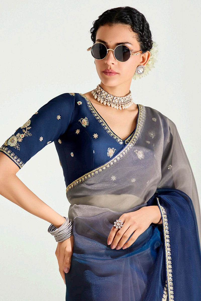 Grey Organza Saree with Sequins Embroidered Navy Blue Blouse LF