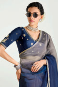 Grey Organza Saree with Sequins Embroidered Navy Blue Blouse LF