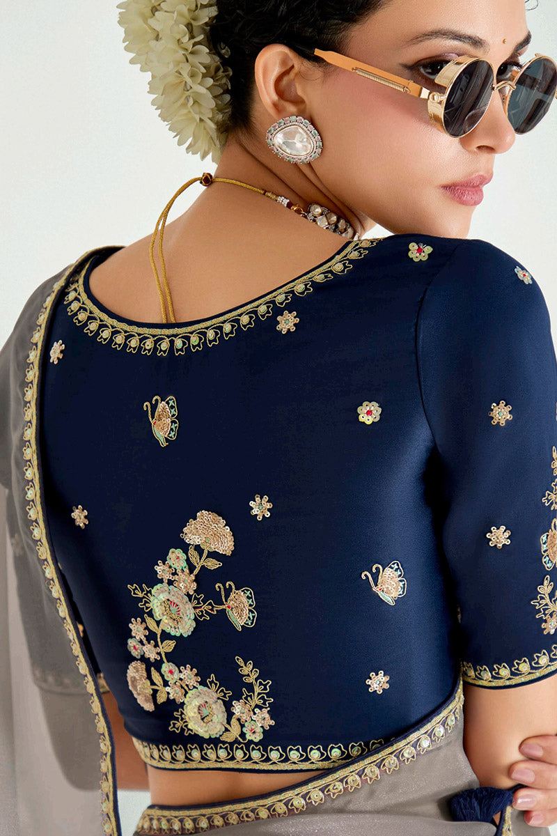 Grey Organza Saree with Sequins Embroidered Navy Blue Blouse LF