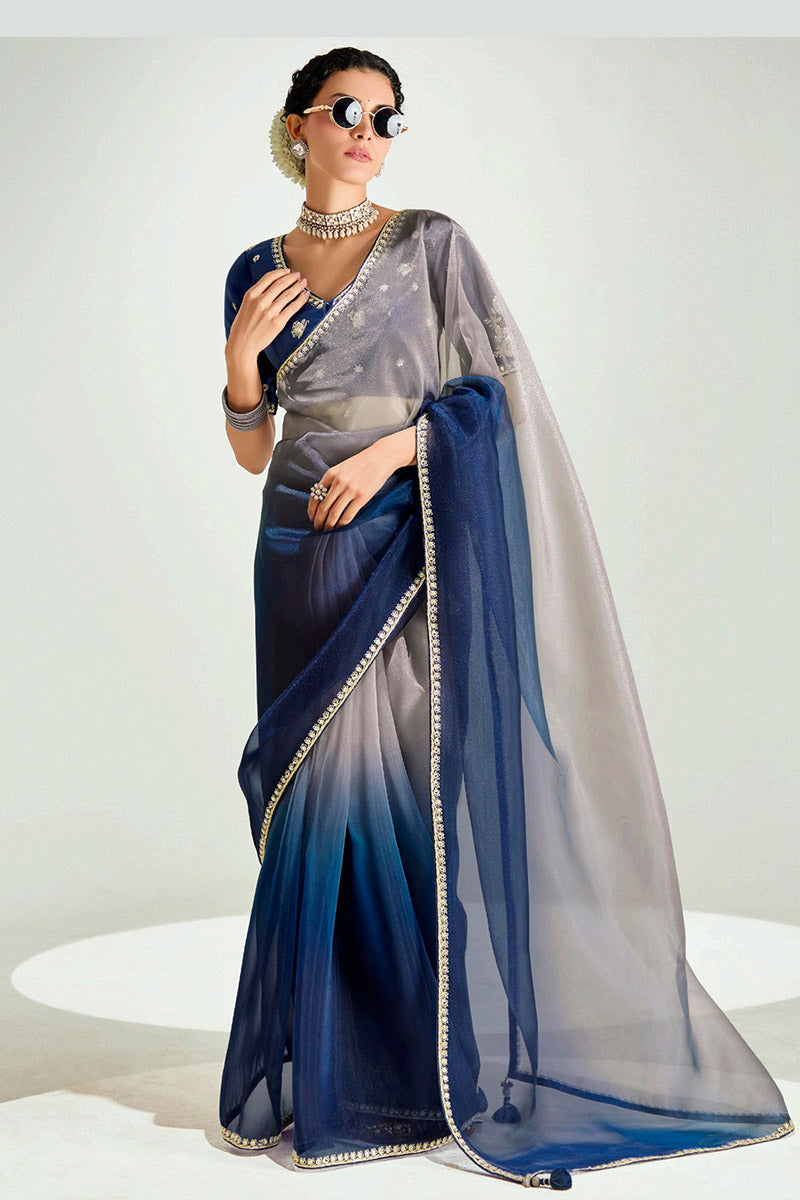 Grey Organza Saree with Sequins Embroidered Navy Blue Blouse LF