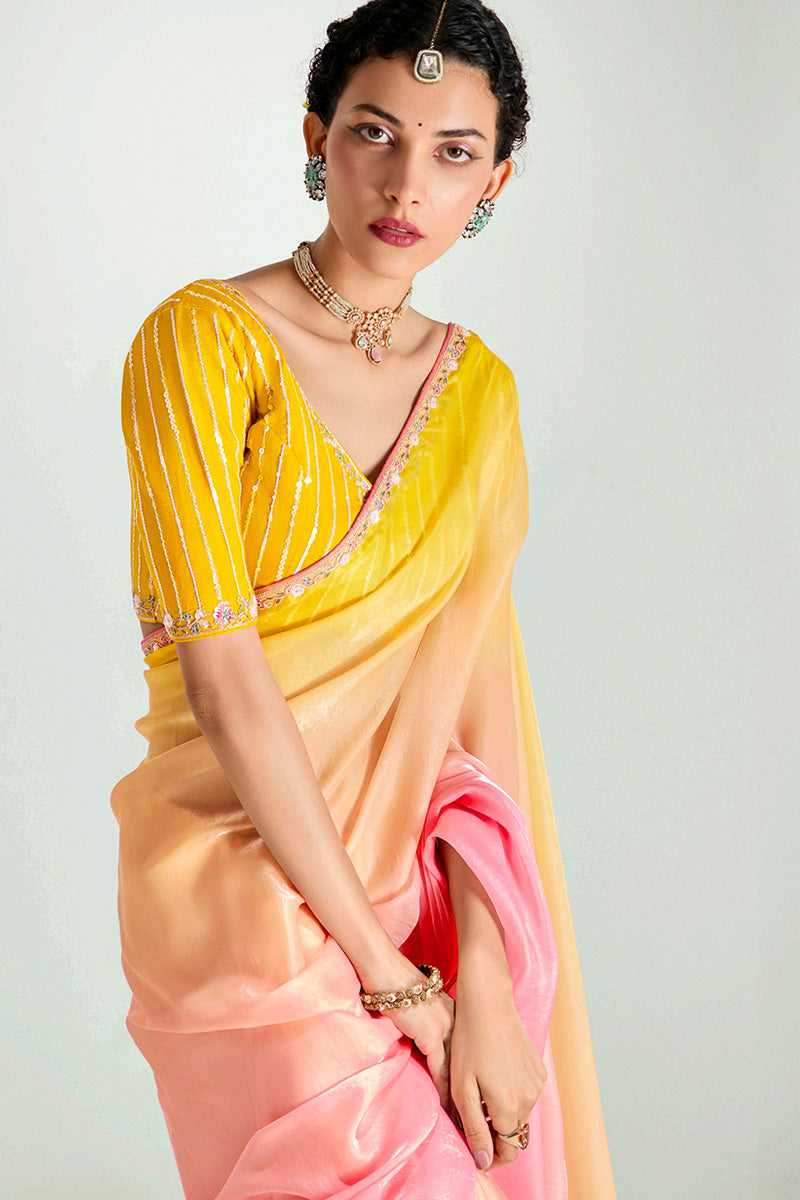 Multicolor Organza Saree with Sequins Embroidered Mustard Blouse LF
