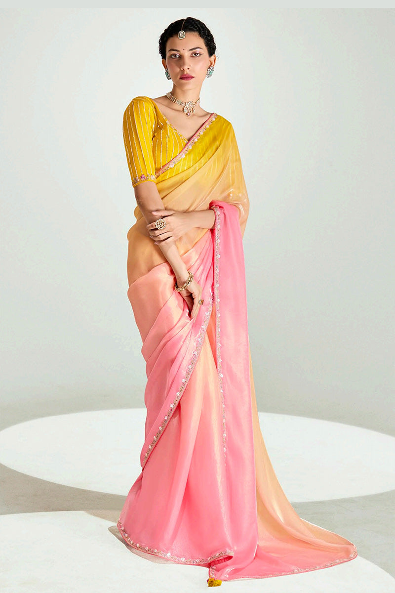 Multicolor Organza Saree with Sequins Embroidered Mustard Blouse LF