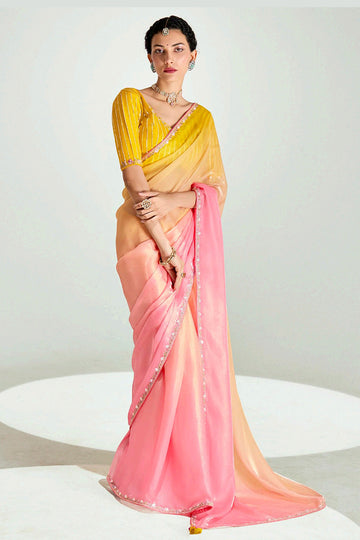Multicolor Organza Saree with Sequins Embroidered Mustard Blouse LF