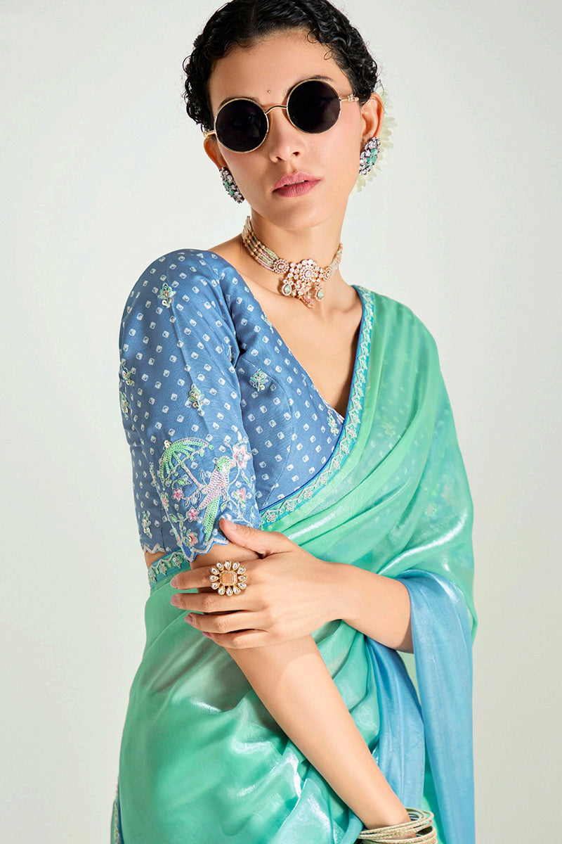 Turquoise Organza Saree with Sequins Embroidered Sky Blue Blouse LF