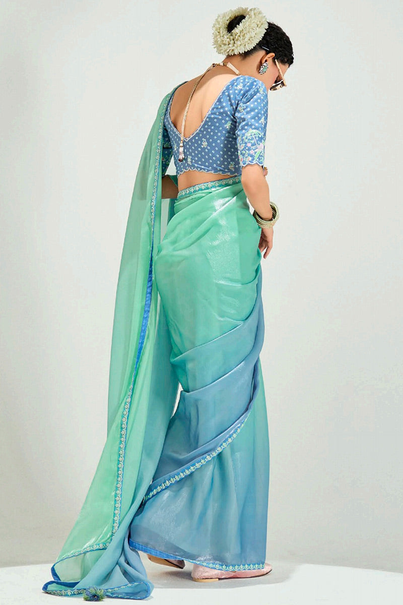 Turquoise Organza Saree with Sequins Embroidered Sky Blue Blouse LF