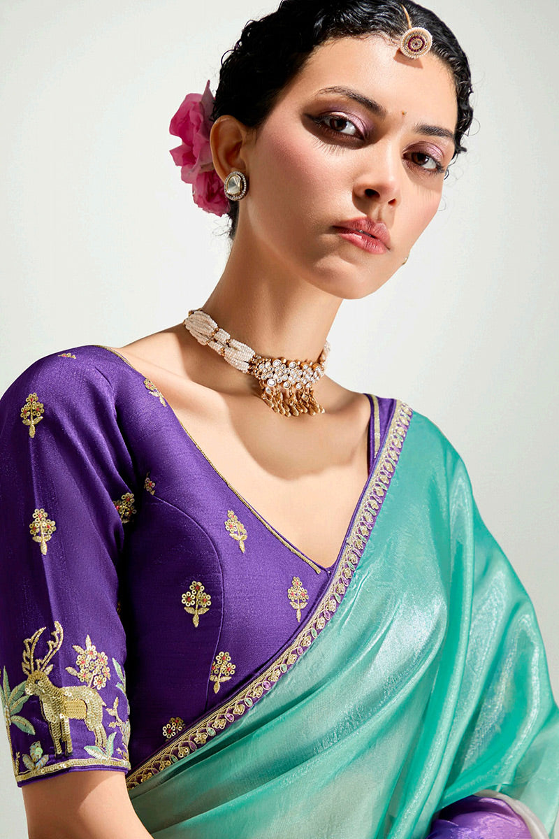Multicolor Organza Saree with Sequins Embroidered Violet Blouse LF