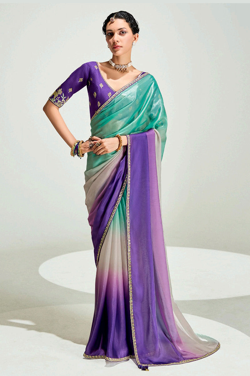 Multicolor Organza Saree with Sequins Embroidered Violet Blouse LF