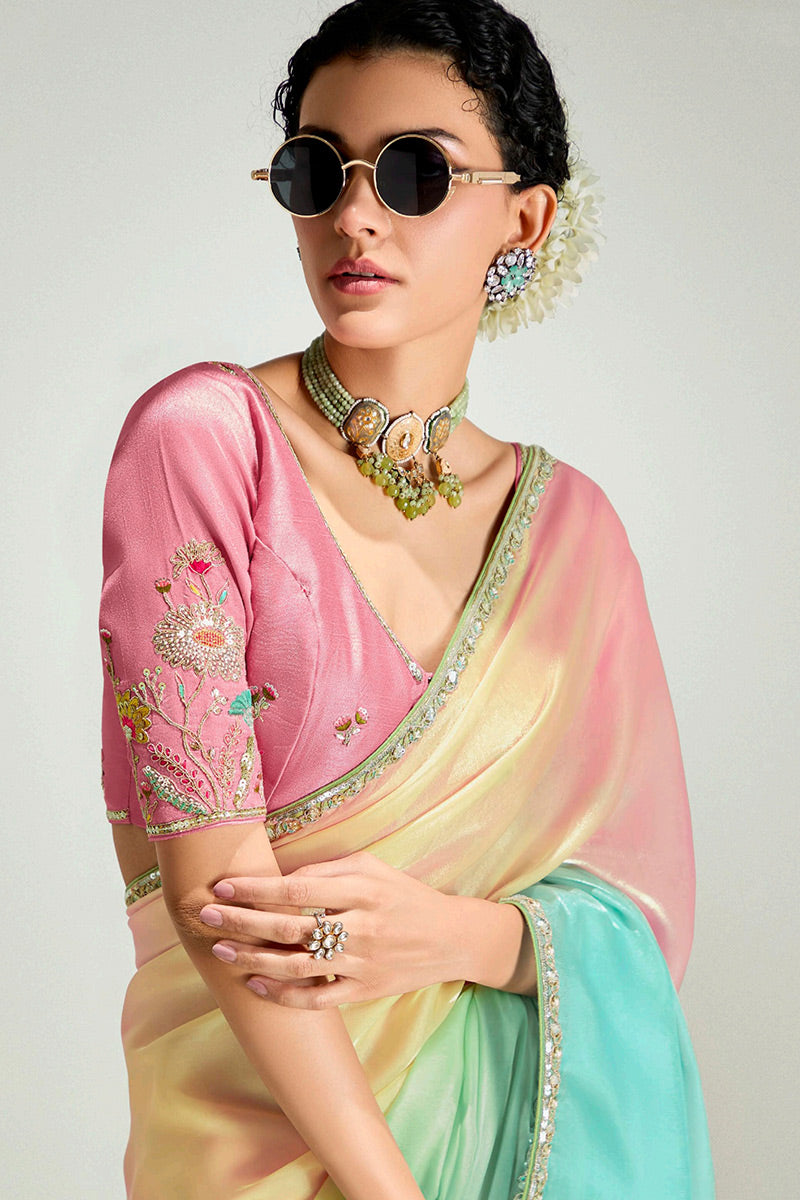 Multicolor Organza Saree with Sequins Embroidered Pink Blouse LF