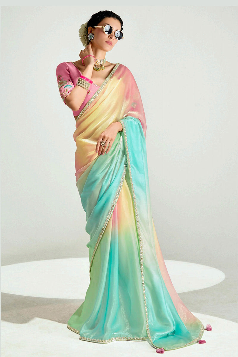Multicolor Organza Saree with Sequins Embroidered Pink Blouse LF