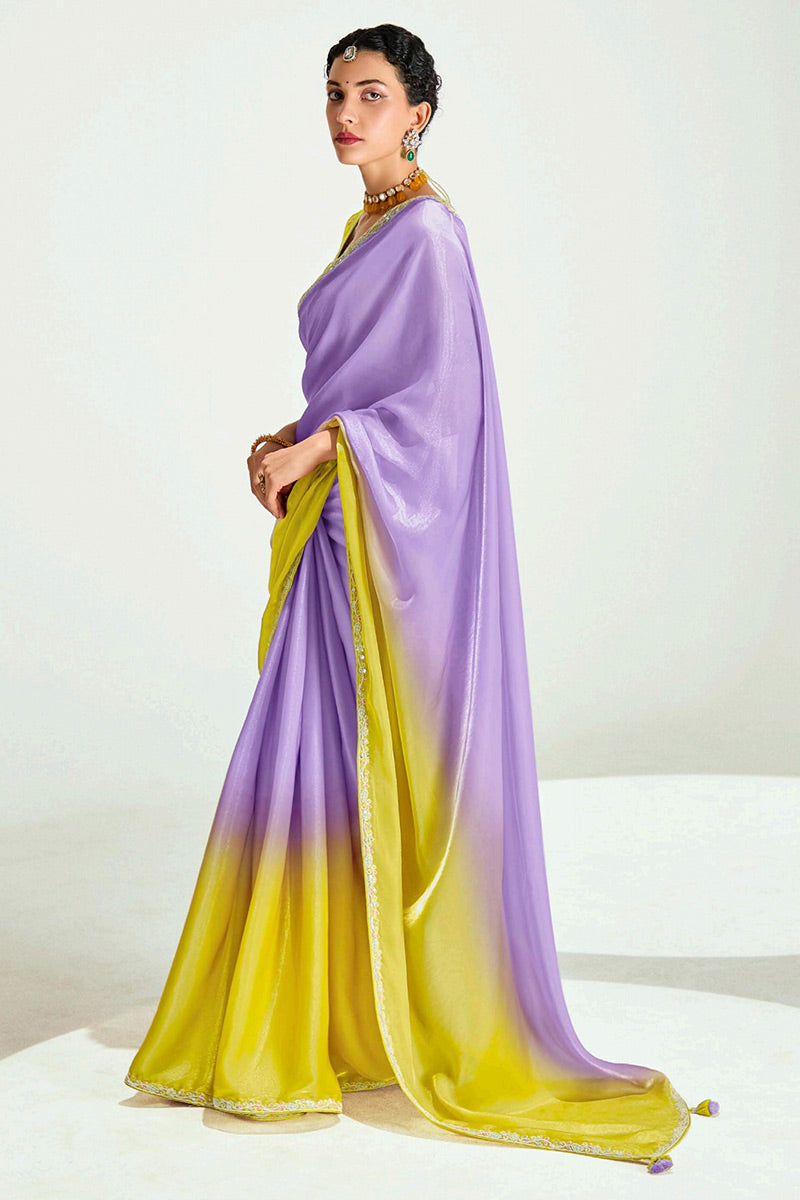 Lavender Organza Saree with Sequins Embroidered Yellow Blouse LF