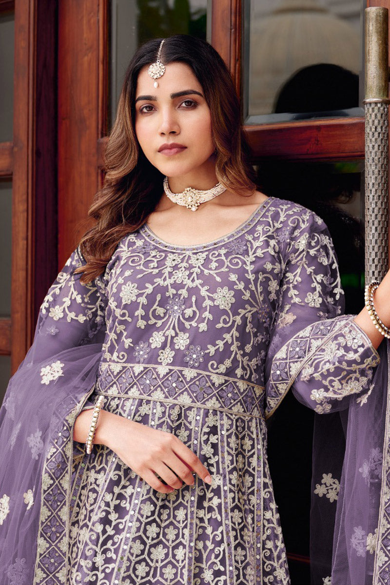 Purple Embroidered Net Anarkali Suit with Dupatta – Elegant Partywear SN