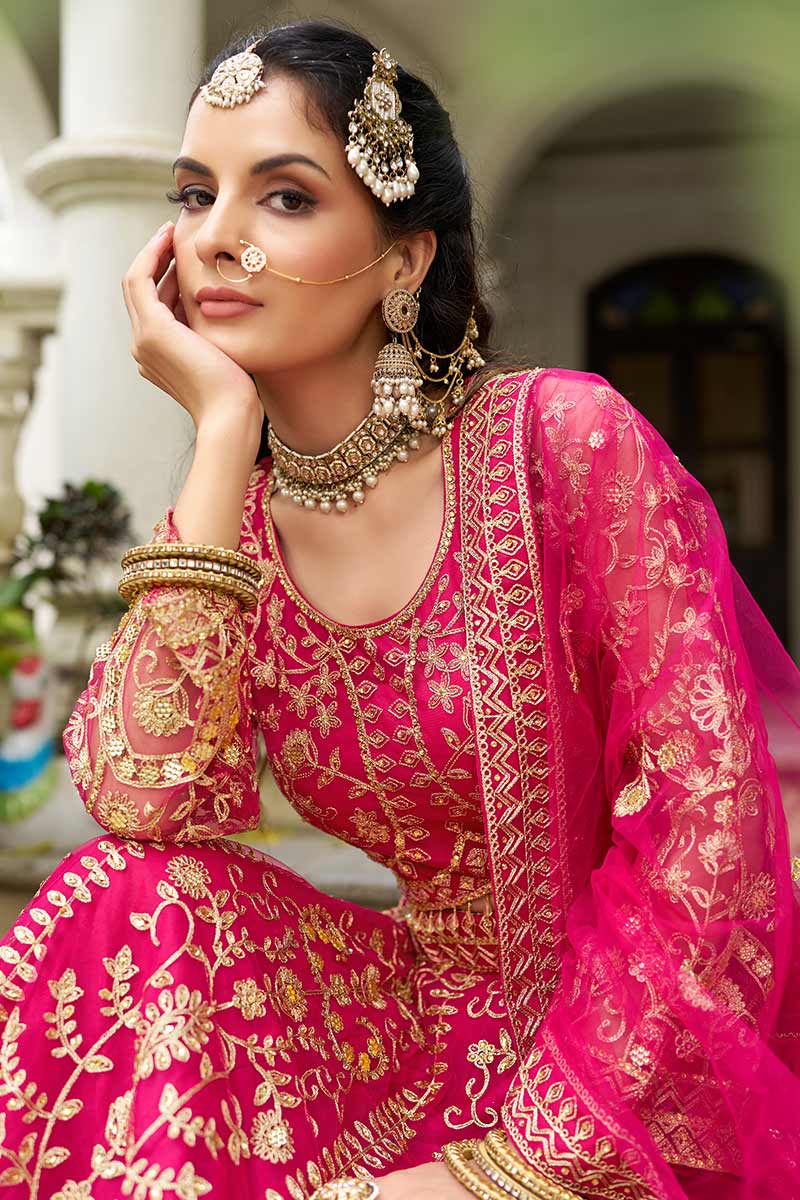Fuchsia Gold Embroidered Bridal Lehenga Choli with Dupatta