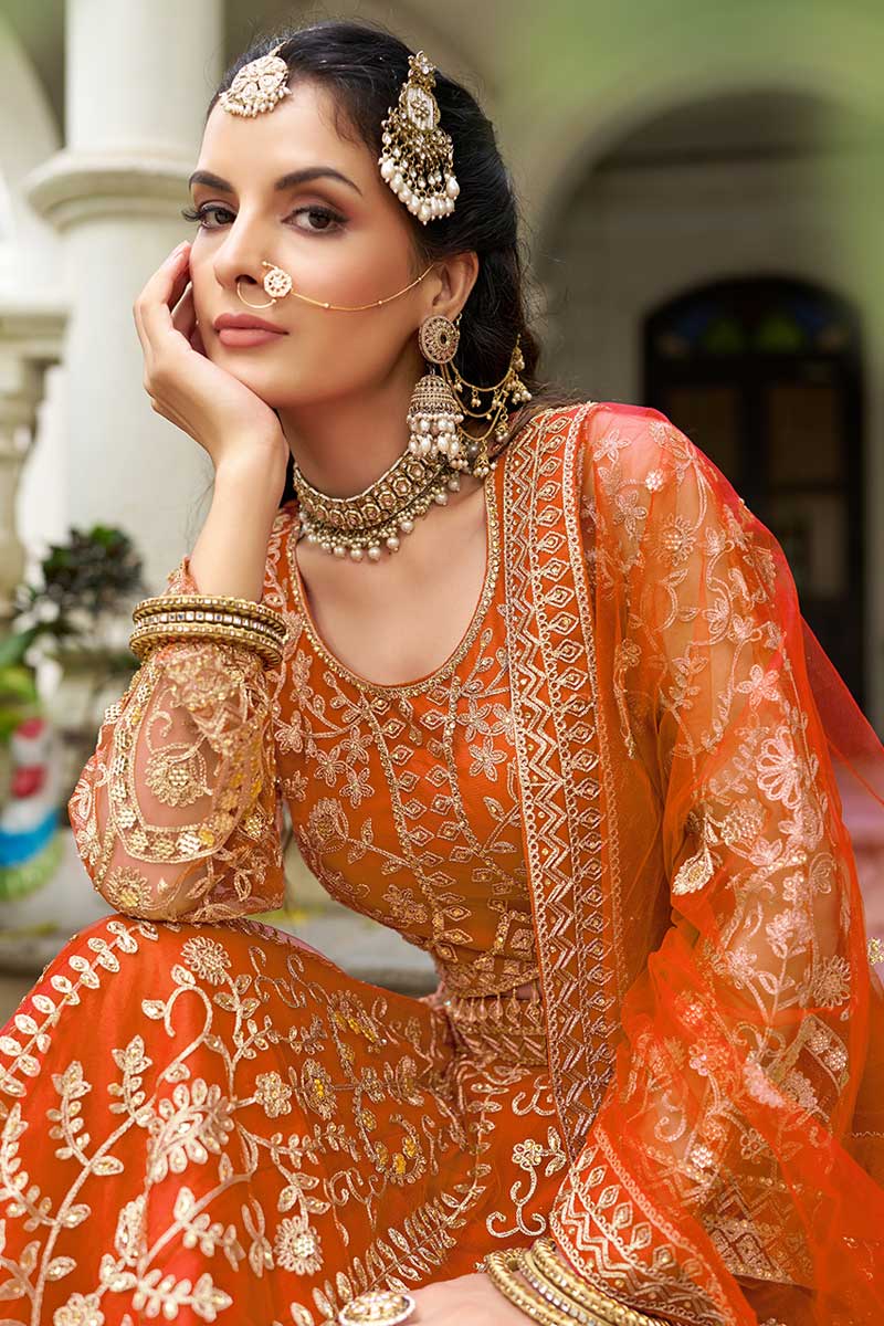 Royal Orange Thread Embroidered Wedding Lehenga Choli