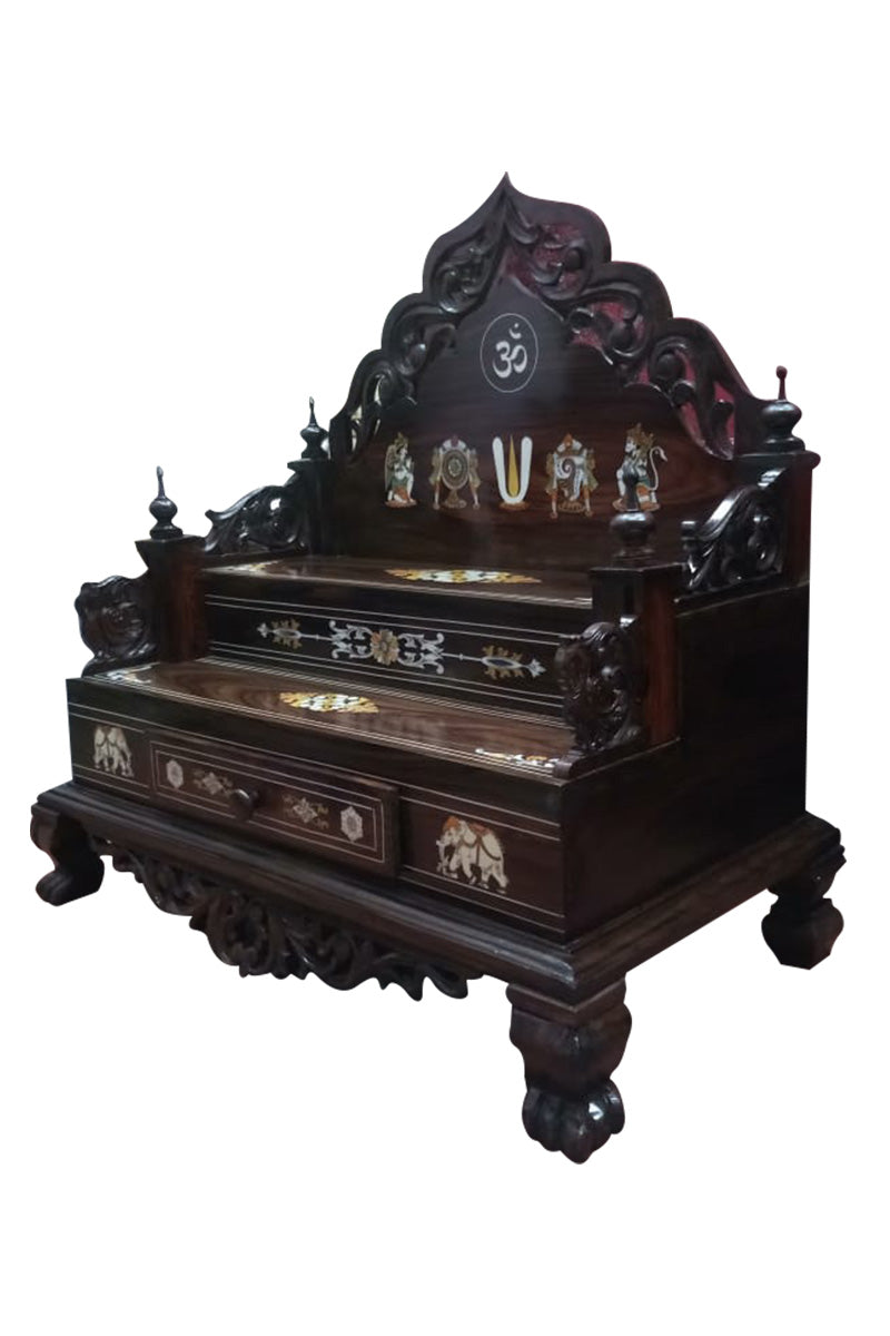 Hand Carved Wooden Pooja Bench with Symbols & Drawer-Traditional Hindu Mandir Bench INDIGO ETHNICS