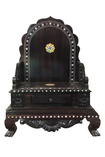 Traditional Home Mandir-Hand Carved Wooden Pooja Bench with Symbols & Drawer INDIGO ETHNICS