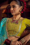Aqua Blue Patola Banarasi Saree with Golden Zari Weave – Bridal & Festive Wear VA