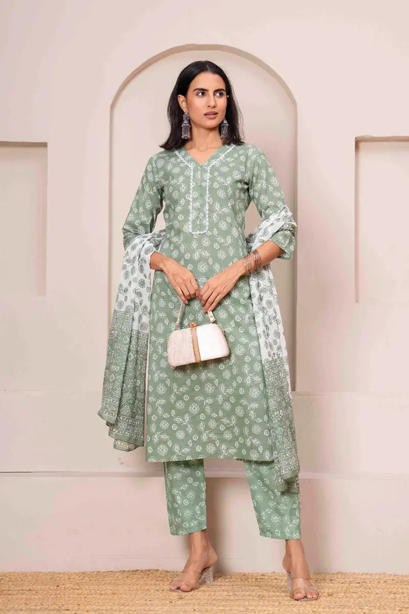 Basil Green Floral Printed Cotton Kurta Set with Print Dupatta KSF