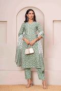 Basil Green Floral Printed Cotton Kurta Set with Print Dupatta KSF