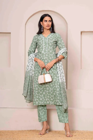 Basil Green Floral Printed Cotton Kurta Set with Print Dupatta KSF
