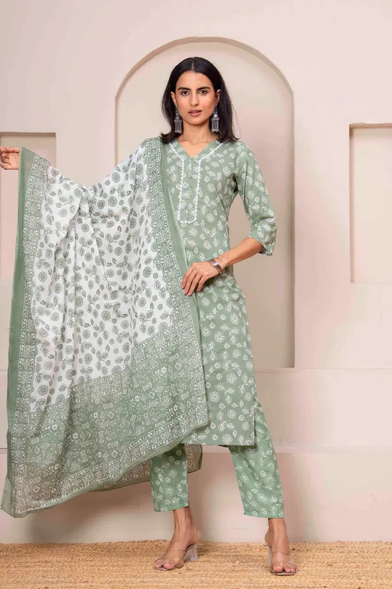 Basil Green Floral Printed Cotton Kurta Set with Print Dupatta KSF