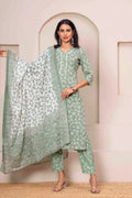 Basil Green Floral Printed Cotton Kurta Set with Print Dupatta KSF