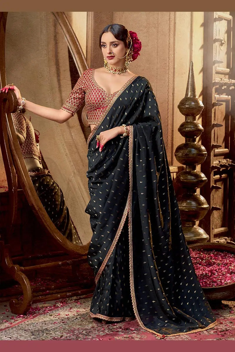 Black Handwoven Banarasi Saree with Red Embroidered Blouse VA